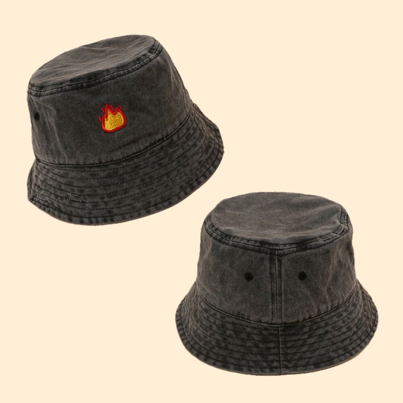 Unisex Tvättad Bomull Flammmönster Broderi Mode Solskyddsmedel Bucket Hat