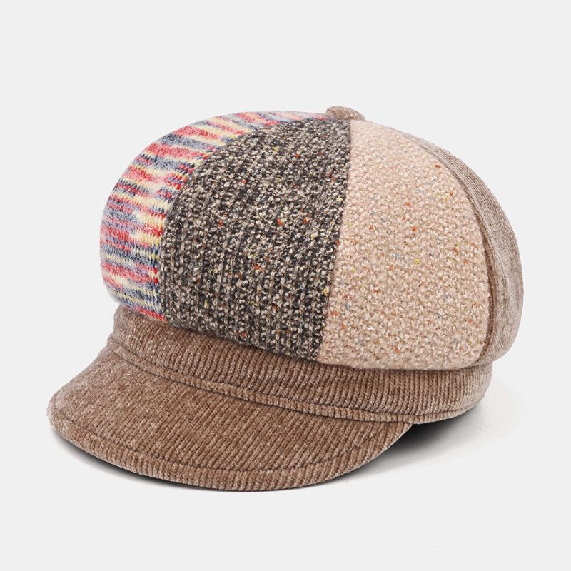 Unsiex Manchester Patchwork Färg Varm All-match Casual Newsboy Hatt Oktagonal Hat Basker Hatt