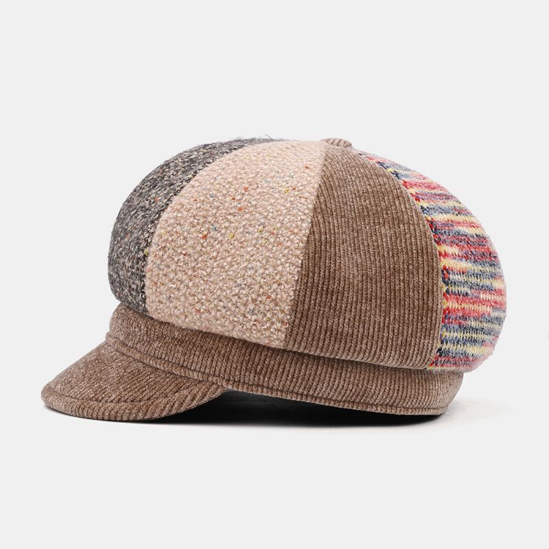 Unsiex Manchester Patchwork Färg Varm All-match Casual Newsboy Hatt Oktagonal Hat Basker Hatt