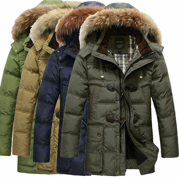 Herrkvalitet Hornspänne Hooded Warm Long Down Jacket Coat