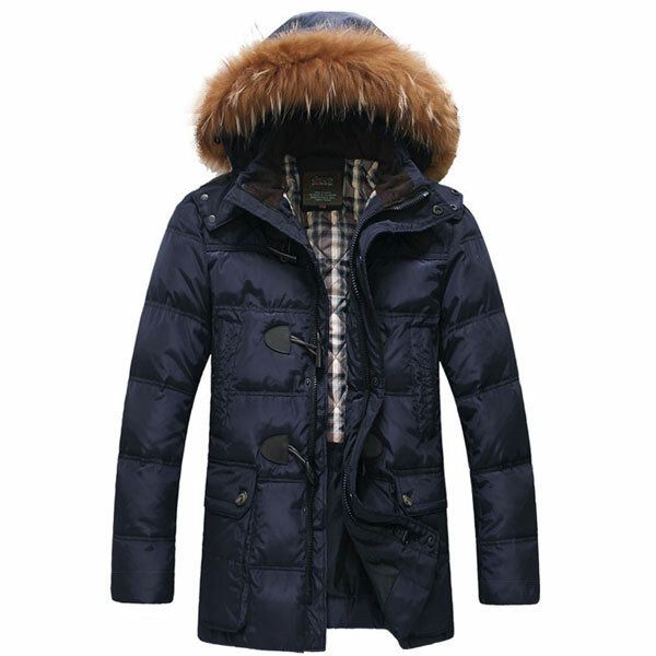 Herrkvalitet Hornspänne Hooded Warm Long Down Jacket Coat