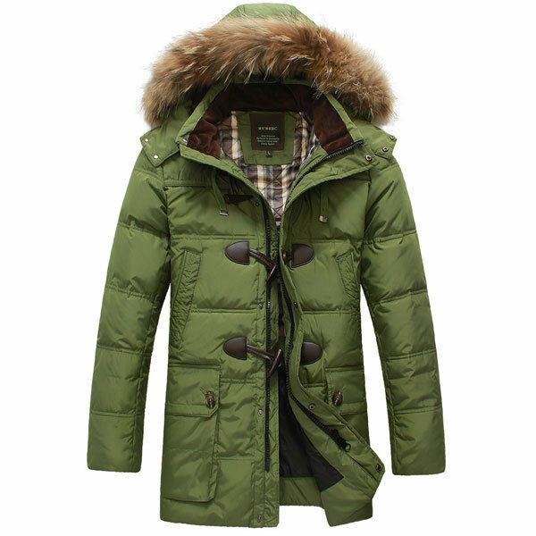 Herrkvalitet Hornspänne Hooded Warm Long Down Jacket Coat