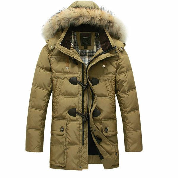 Herrkvalitet Hornspänne Hooded Warm Long Down Jacket Coat