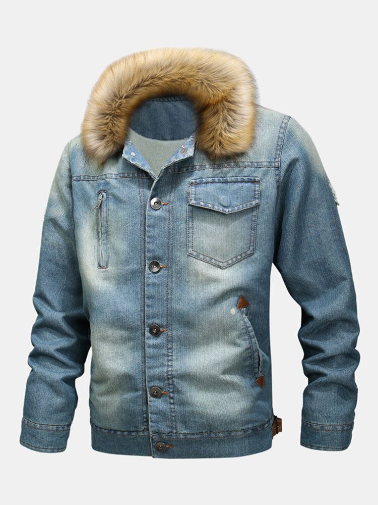 Herrmode 100% Bomull Fickor Denim Fleece Förtjockad Stativkrage Casual Jacka