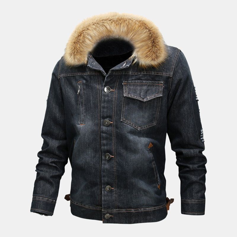 Herrmode 100% Bomull Fickor Denim Fleece Förtjockad Stativkrage Casual Jacka