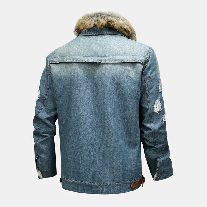 Herrmode 100% Bomull Fickor Denim Fleece Förtjockad Stativkrage Casual Jacka