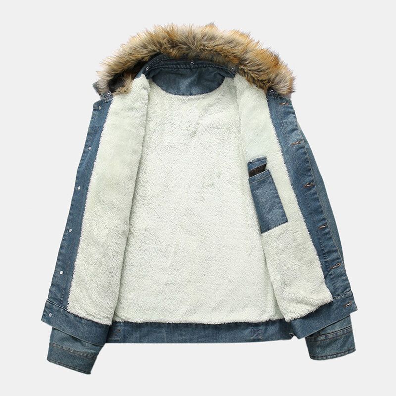 Herrmode 100% Bomull Fickor Denim Fleece Förtjockad Stativkrage Casual Jacka