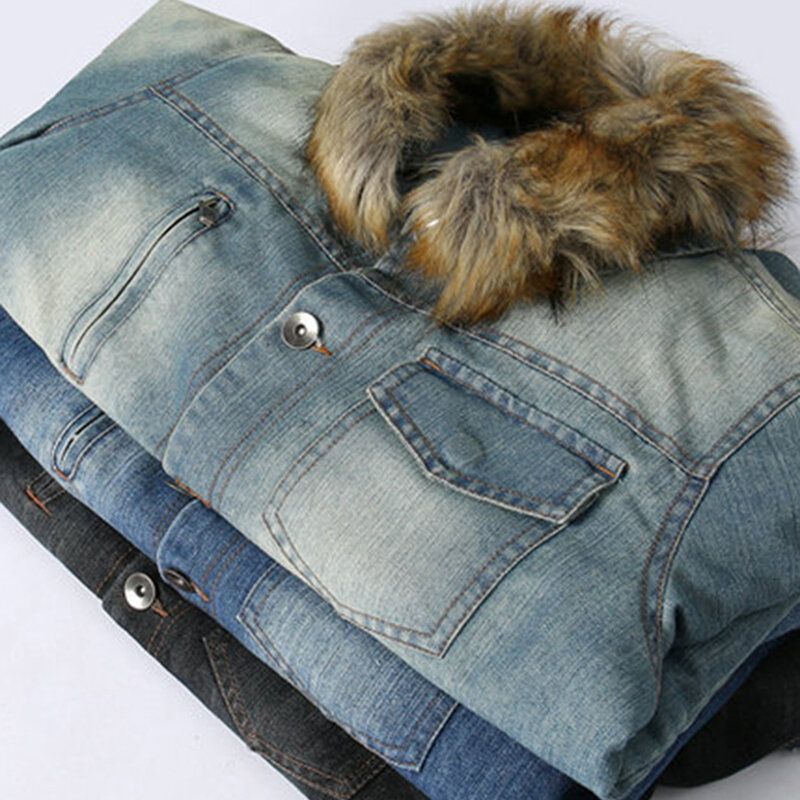 Herrmode 100% Bomull Fickor Denim Fleece Förtjockad Stativkrage Casual Jacka