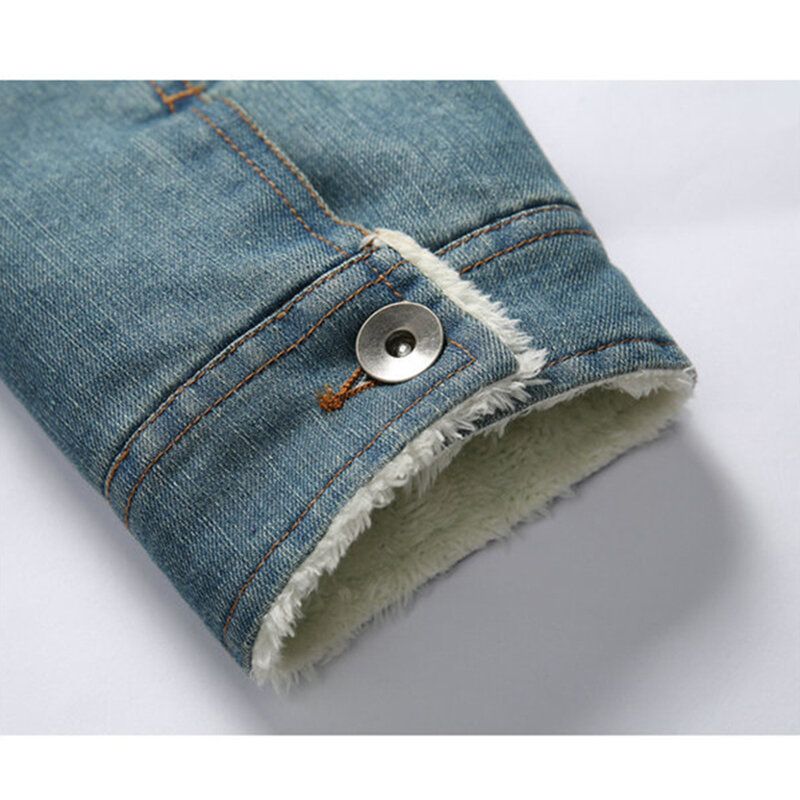 Herrmode 100% Bomull Fickor Denim Fleece Förtjockad Stativkrage Casual Jacka