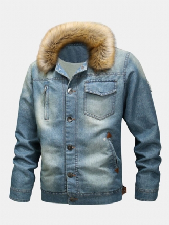 Herrmode 100% Bomull Fickor Denim Fleece Förtjockad Stativkrage Casual Jacka