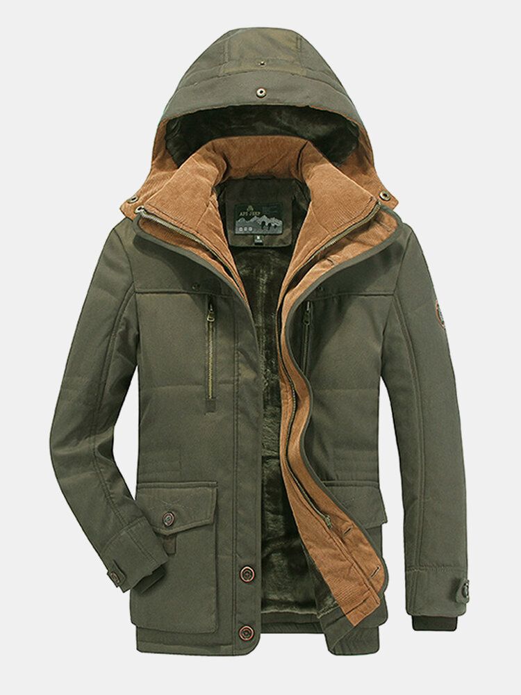 Tjockad Fleece För Män Vindtät Varm Vinter Mellanlängd Casual Hood Parkas