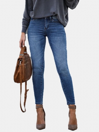 Casual Kvinnor Dragkedja Slim Lång Denim Jeans