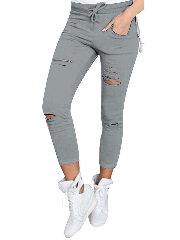 Dam Causal Hål Hög Midja Lösa Solida Skinny Jeans