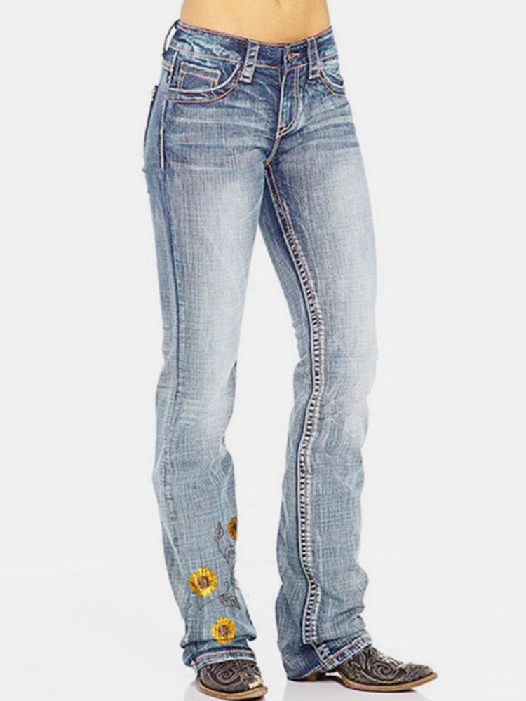 Damblombroderade Fickor Normal Passform Casual Distressed Jeans