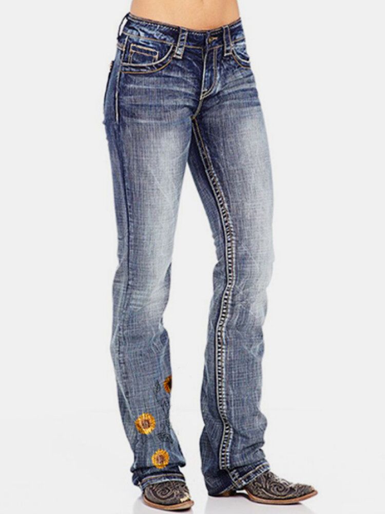 Damblombroderade Fickor Normal Passform Casual Distressed Jeans