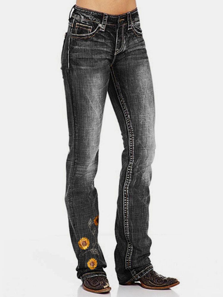 Damblombroderade Fickor Normal Passform Casual Distressed Jeans