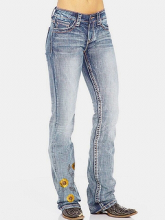 Damblombroderade Fickor Normal Passform Casual Distressed Jeans