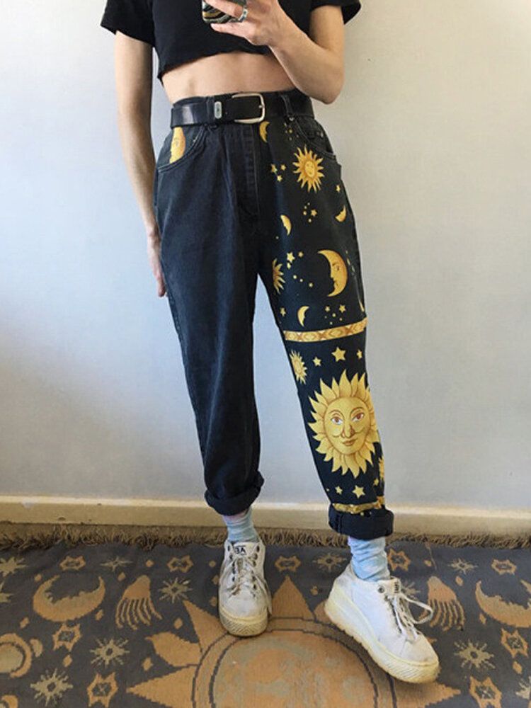 Damdesign Cartoon Disk Sun Moon Print High Waist Jeans