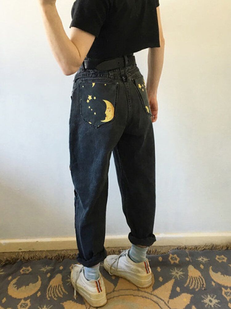 Damdesign Cartoon Disk Sun Moon Print High Waist Jeans