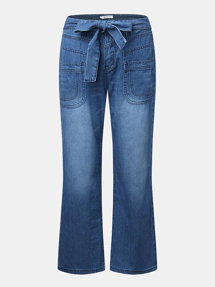 Kvinnor Casual Dragkedja Gylfsnörning Midja Jeans Med Breda Ben Och Ficka