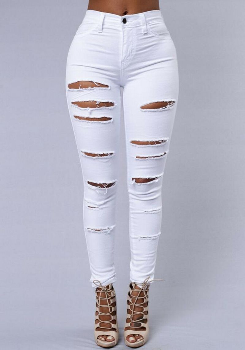 Kvinnor Casual Skinny Random Ripped Solid Jeans For Women