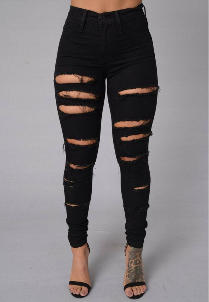 Kvinnor Casual Skinny Random Ripped Solid Jeans For Women