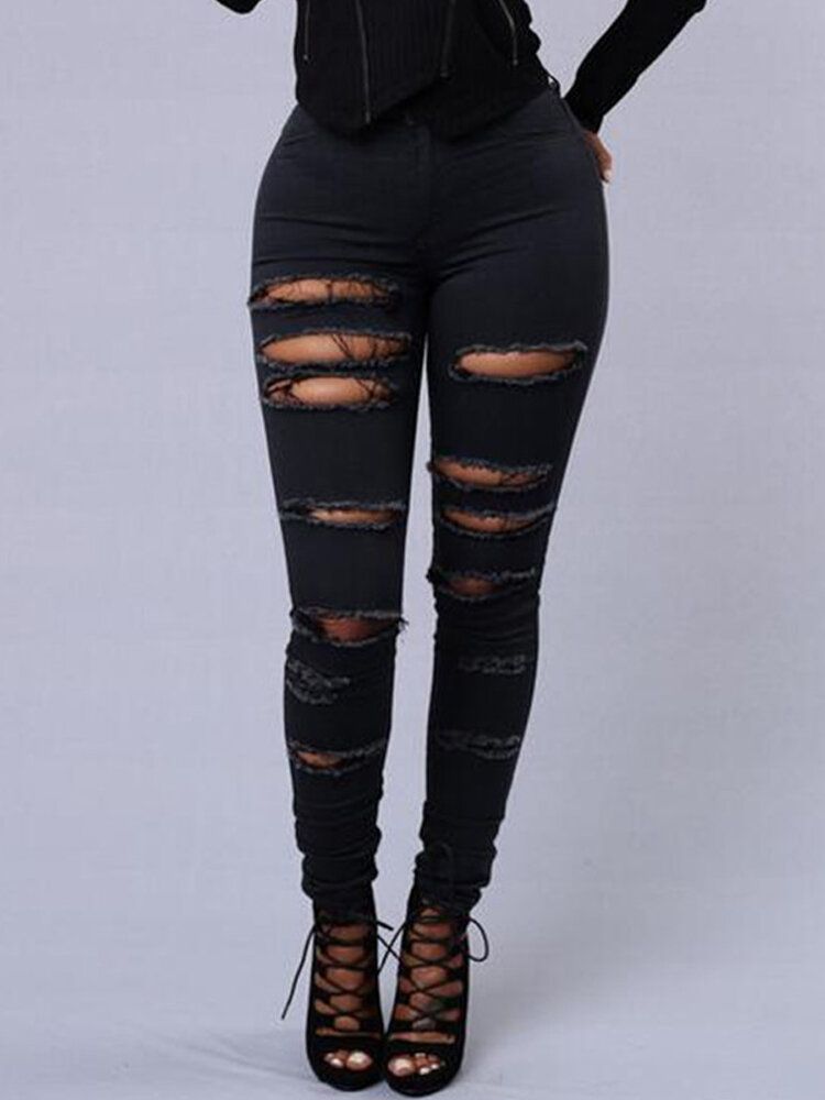 Kvinnor Casual Skinny Random Ripped Solid Jeans For Women