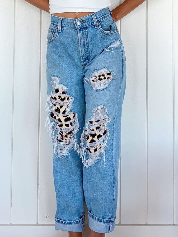 Kvinnor Ripped Leopard Frayed Distressed Stela Casual Jeans Med Mitten Av Midjan