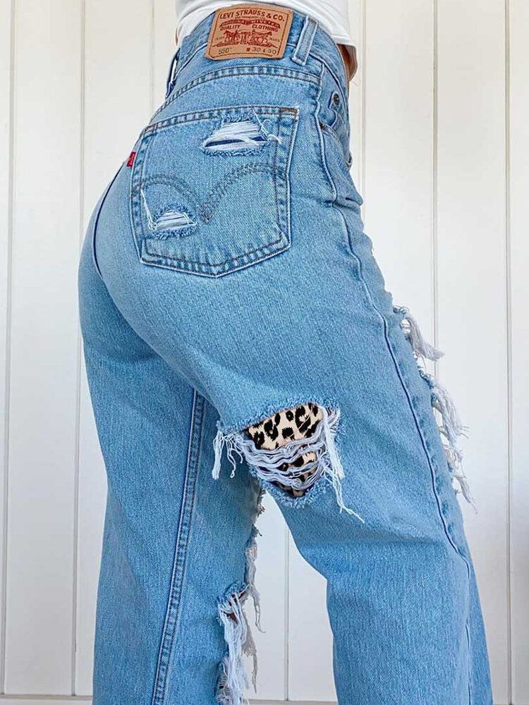 Kvinnor Ripped Leopard Frayed Distressed Stela Casual Jeans Med Mitten Av Midjan