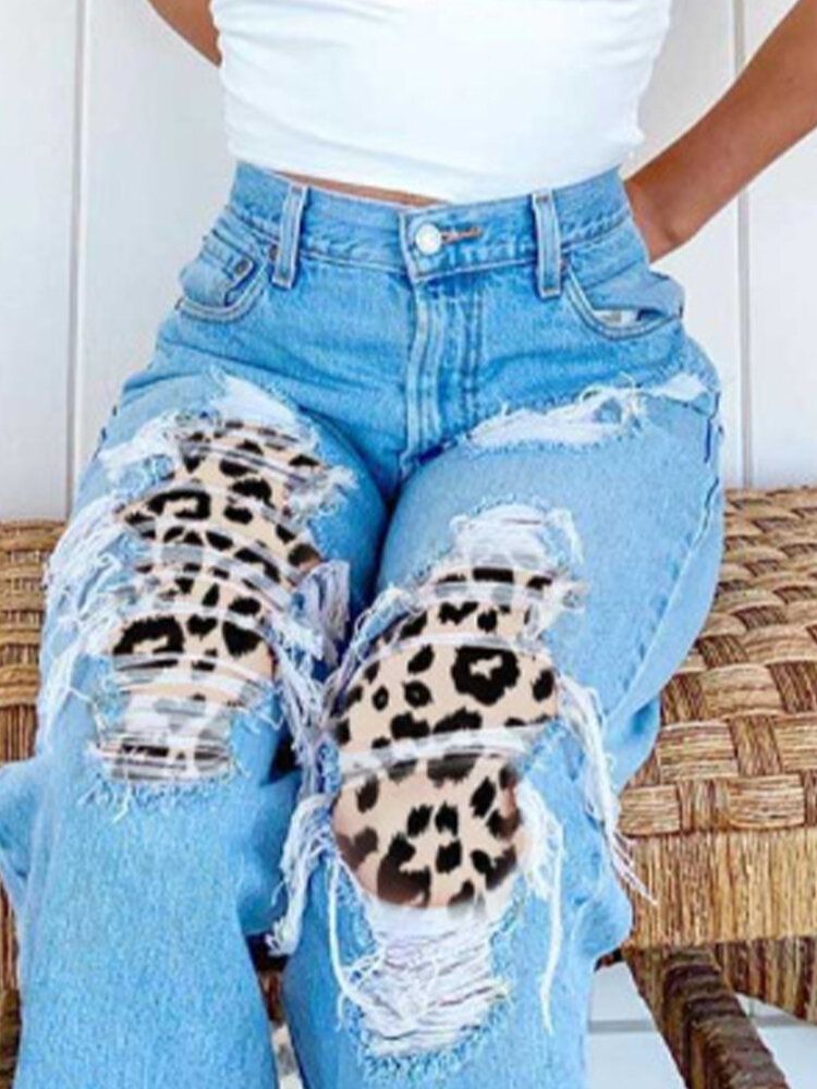 Kvinnor Ripped Leopard Frayed Distressed Stela Casual Jeans Med Mitten Av Midjan