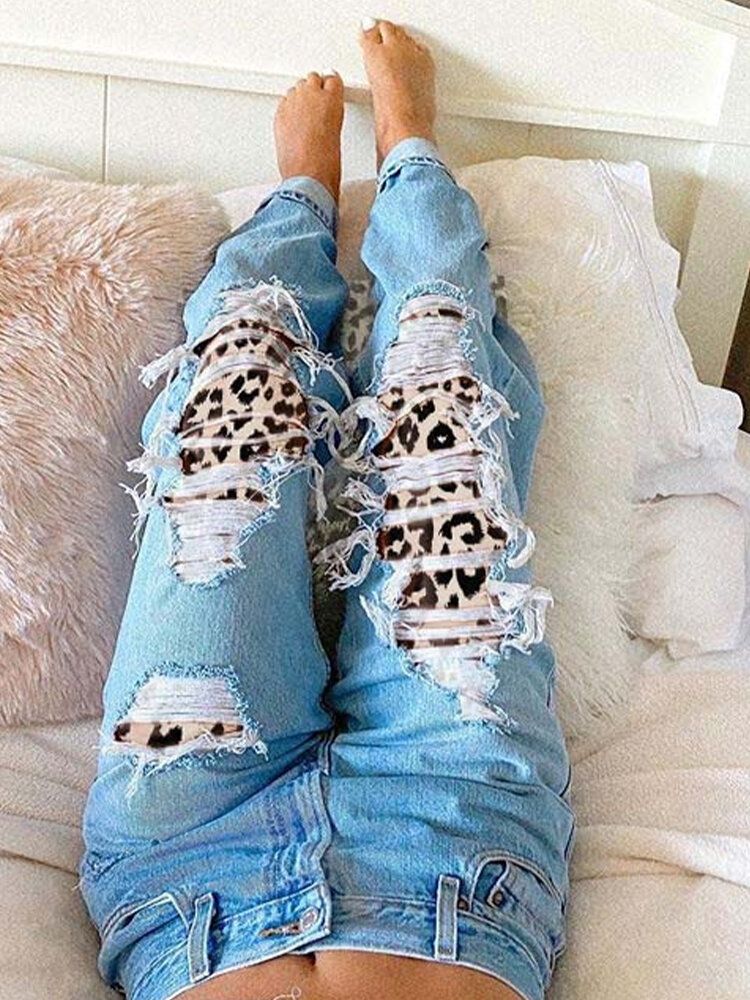 Kvinnor Ripped Leopard Frayed Distressed Stela Casual Jeans Med Mitten Av Midjan