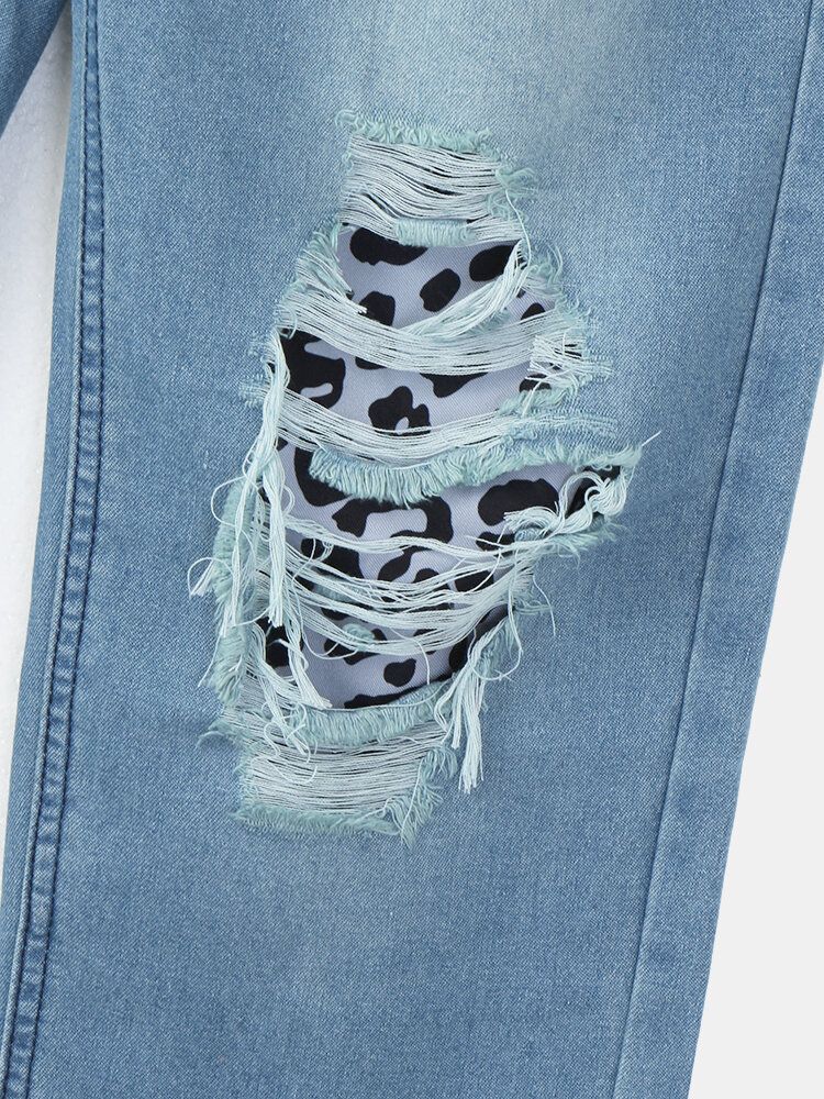 Kvinnor Ripped Leopard Frayed Distressed Stela Casual Jeans Med Mitten Av Midjan