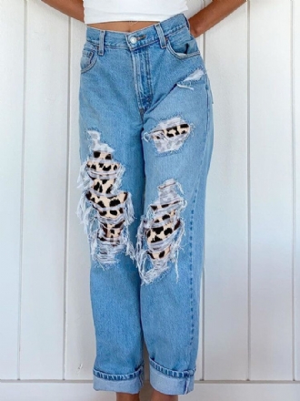 Kvinnor Ripped Leopard Frayed Distressed Stela Casual Jeans Med Mitten Av Midjan