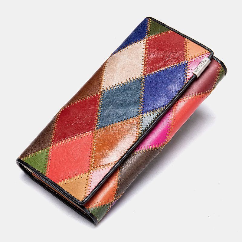 Kvinnor Äkta Läder Bifold Färgat Geometriskt Mönster Multi-card Kortplats Kortfodral Pengar Clip Myntväska Lång Clutch Plånböcker