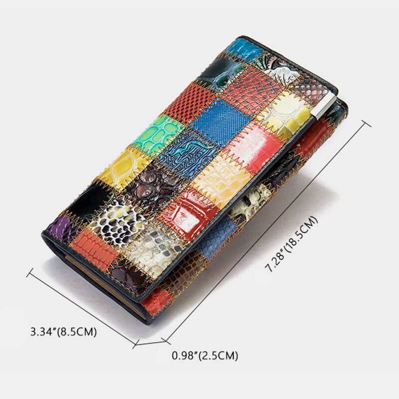 Kvinnor Äkta Läder Bifold Färgat Geometriskt Mönster Multi-card Kortplats Kortfodral Pengar Clip Myntväska Lång Clutch Plånböcker