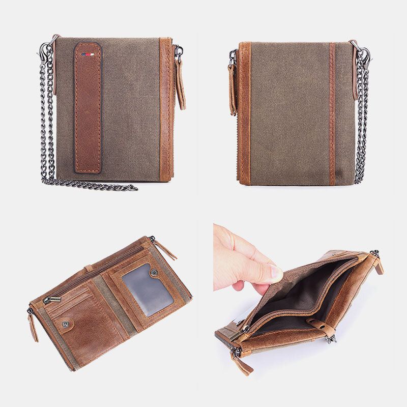 Män Kohudsolja Wax Canvas Patchwork Rfid Anti-magnetiskt Kortfodral Bifold Kort Dubbel Dragkedja Myntplånbok