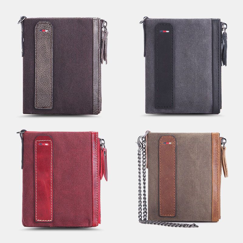 Män Kohudsolja Wax Canvas Patchwork Rfid Anti-magnetiskt Kortfodral Bifold Kort Dubbel Dragkedja Myntplånbok