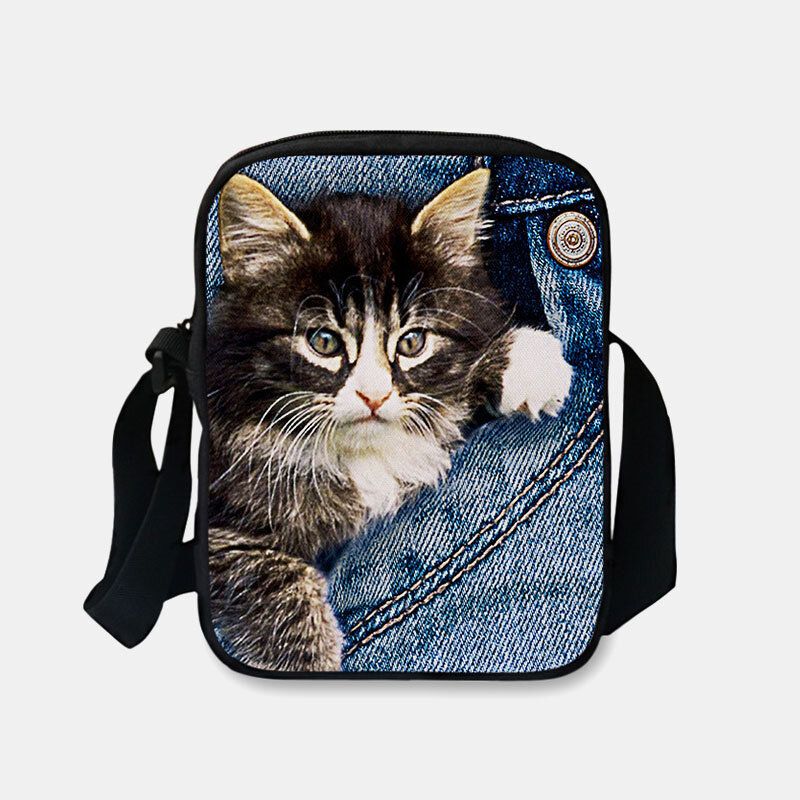 Dam Denim 3d Tredimensionell Djur Kreativ Tecknad Söt Tryck Katt Casual Telefonväska Midjeväska Crossbody-väska