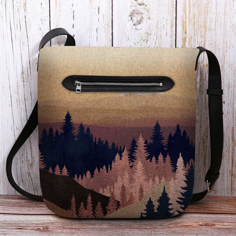 Dam Filt Damer Mountain Treetop Print Mönster Multi-carry Personality Axelväska Crossbody Bag