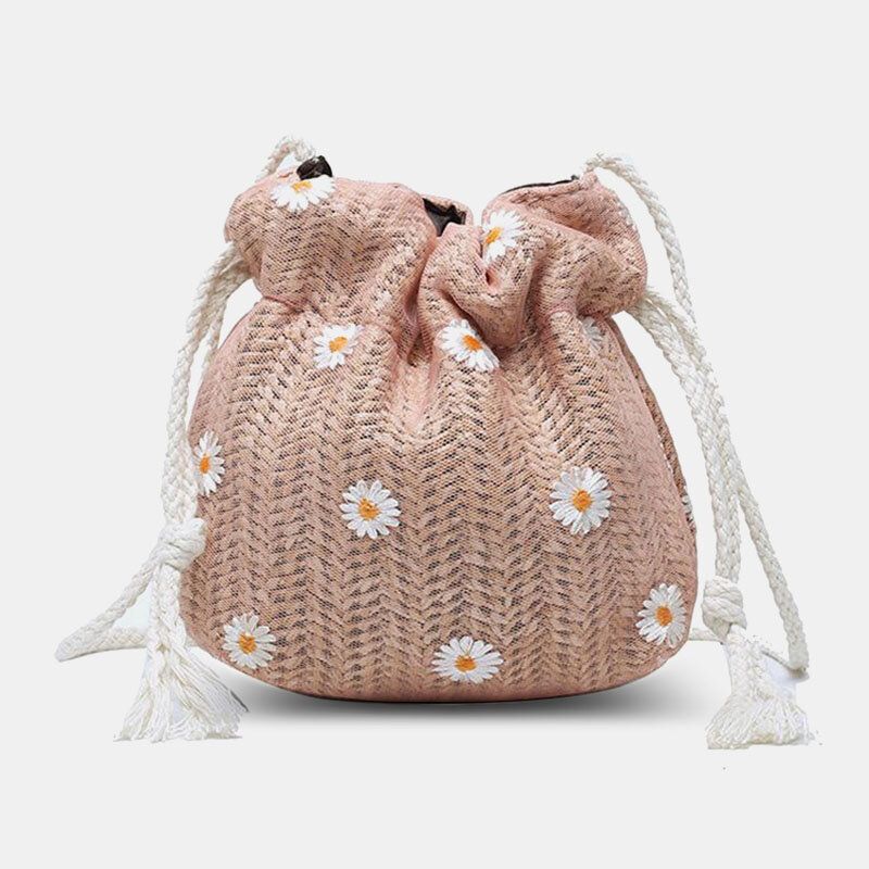 Dam Halm Daisy Solrosmönster Tryck Casual String Spetsväska Strandväska Bucket Bag Crossbody Bag Handväska