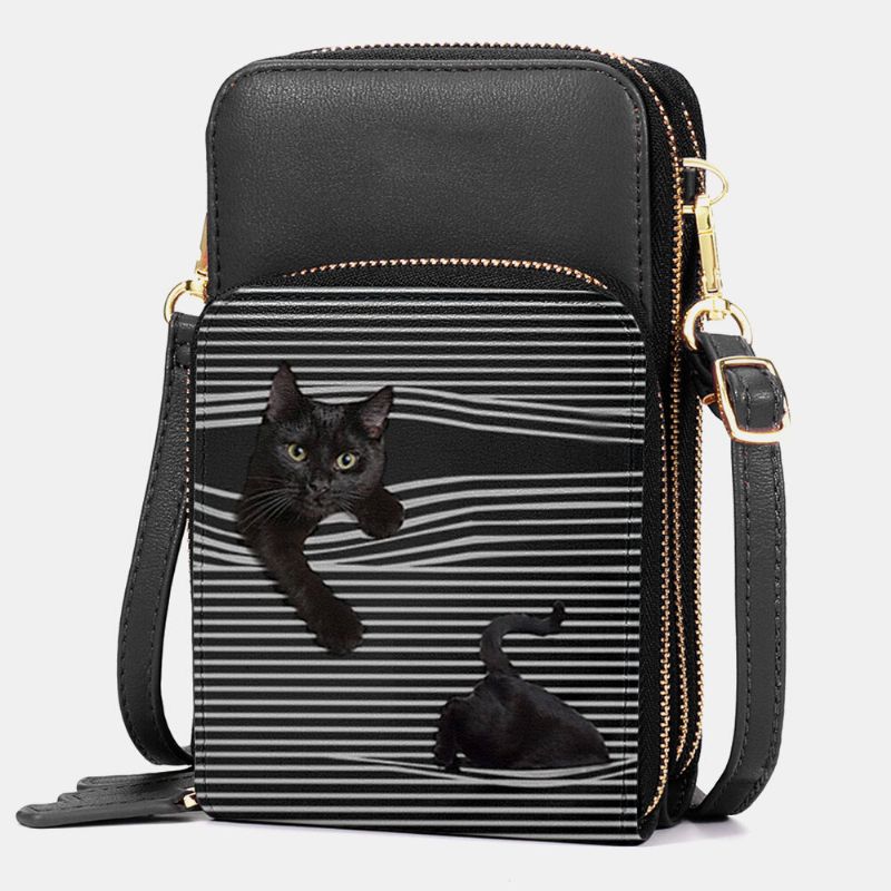 Dam Konstläder Casual Söt Svart Katt Och Ränder Mönster Justerbar Axelväska Crossbody-väska