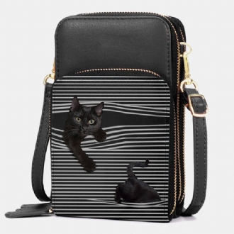 Dam Konstläder Casual Söt Svart Katt Och Ränder Mönster Justerbar Axelväska Crossbody-väska