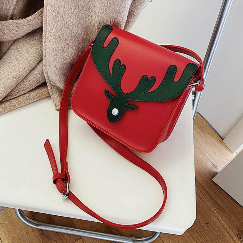 Dam Konstläder Kontrastfärg Jul Älgmönster Liten Fyrkantig Väska Crossbody-väska Axelväska