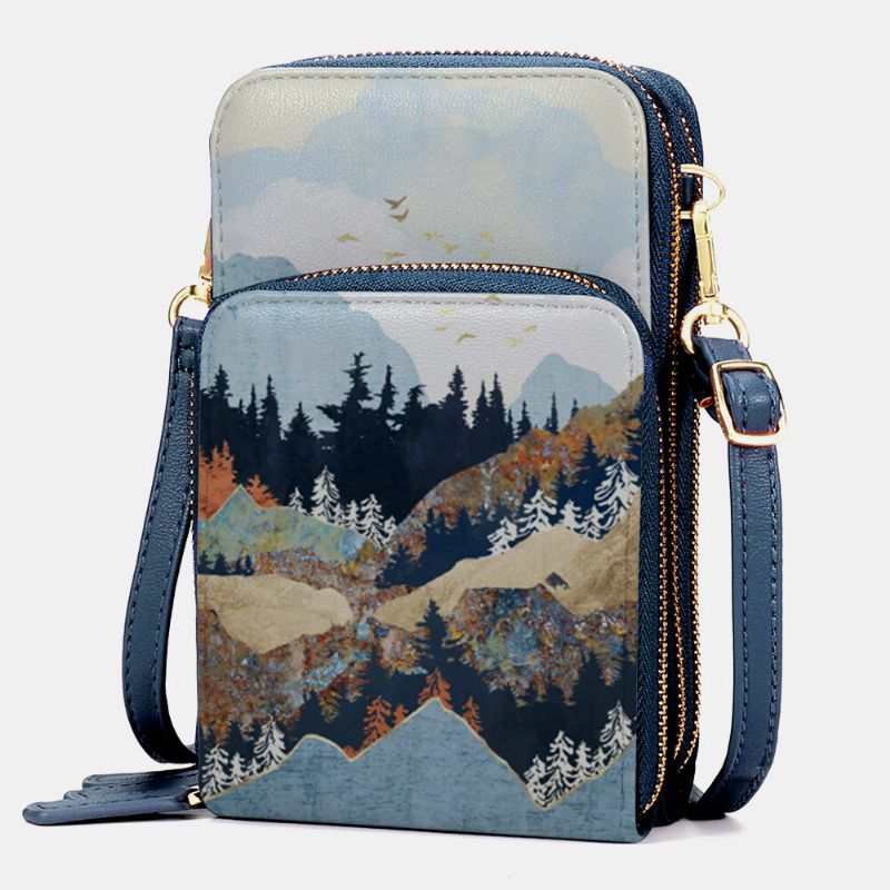 Dam Konstläder Dam Mountain Treetop Print Bag 63 Tums Telefonväska Crossbody Bag