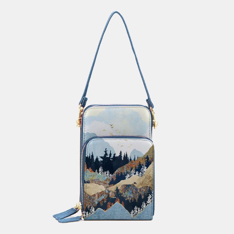 Dam Konstläder Dam Mountain Treetop Print Bag 63 Tums Telefonväska Crossbody Bag