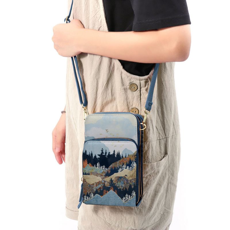 Dam Konstläder Dam Mountain Treetop Print Bag 63 Tums Telefonväska Crossbody Bag