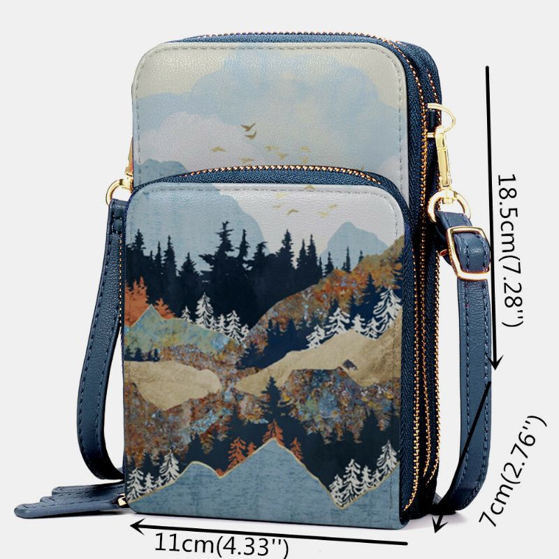 Dam Konstläder Dam Mountain Treetop Print Bag 63 Tums Telefonväska Crossbody Bag