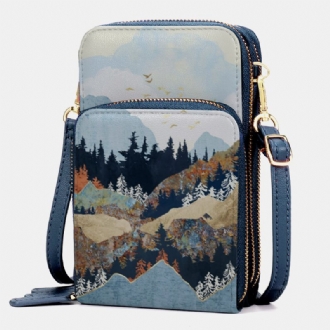 Dam Konstläder Dam Mountain Treetop Print Bag 63 Tums Telefonväska Crossbody Bag