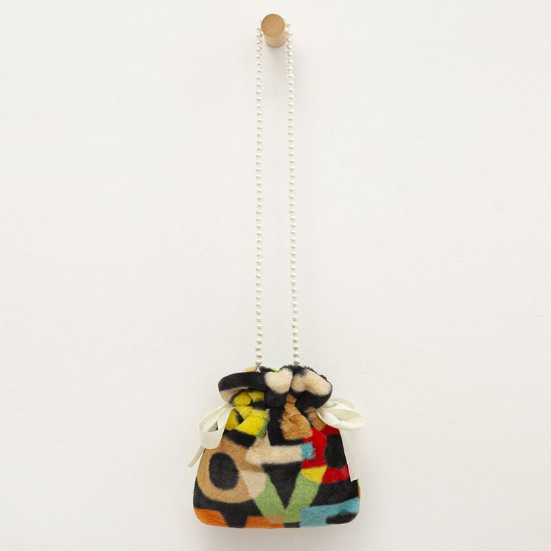 Dam Plysch Tie-dye Patchwork Pearl Bowknot Chain Axelväska Crossbody Bag