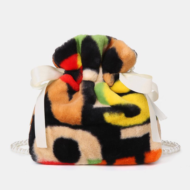 Dam Plysch Tie-dye Patchwork Pearl Bowknot Chain Axelväska Crossbody Bag